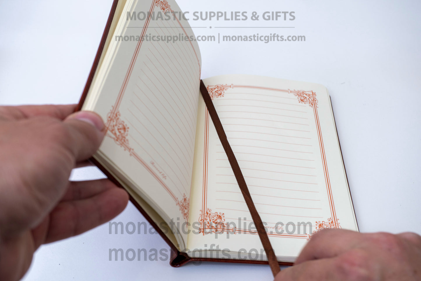 Orthodox Brown Leather Notebook with Prayer Pen — Embossed Cover, Elastic Band Closure, Bookmark & Hidden Pocket