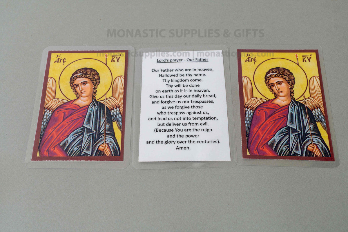 Archangel Michael Byzantine icon pocket cards set of 10 with The Lords prayer on back handmade laminated made in Greece
