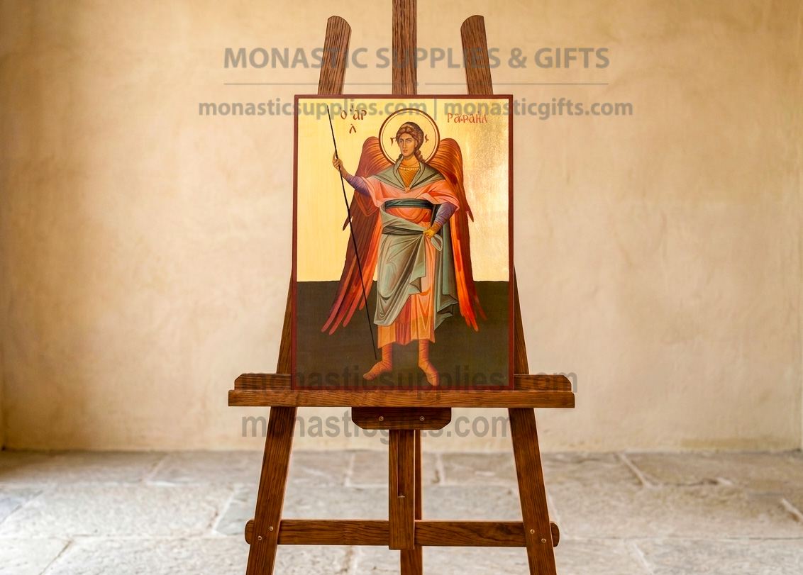 Authentic Handmade Archangel Raphael Byzantine Icon on Genuine Gold Leaf, Large Wooden Wall Art Display (30x40cm - 12x16in)