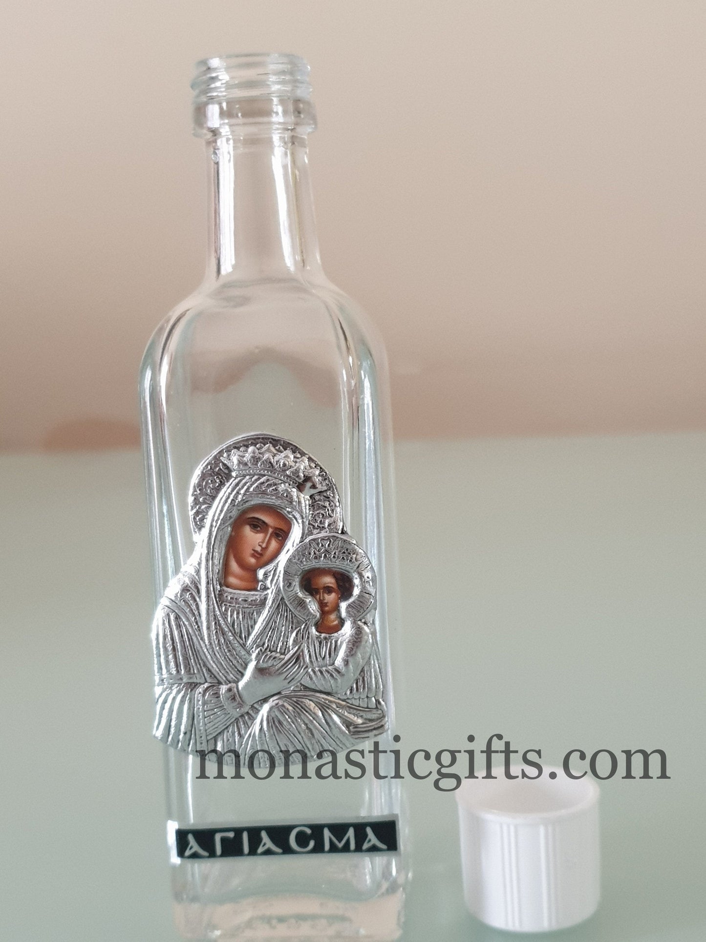 Holy Water Glass Bottle With colored silver Theotokos Icon and screw cap Orthodox Gift