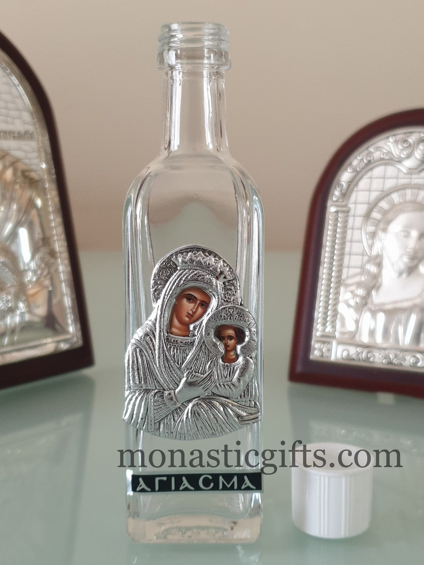 Holy Water Glass Bottle With colored silver Theotokos Icon and screw cap Orthodox Gift