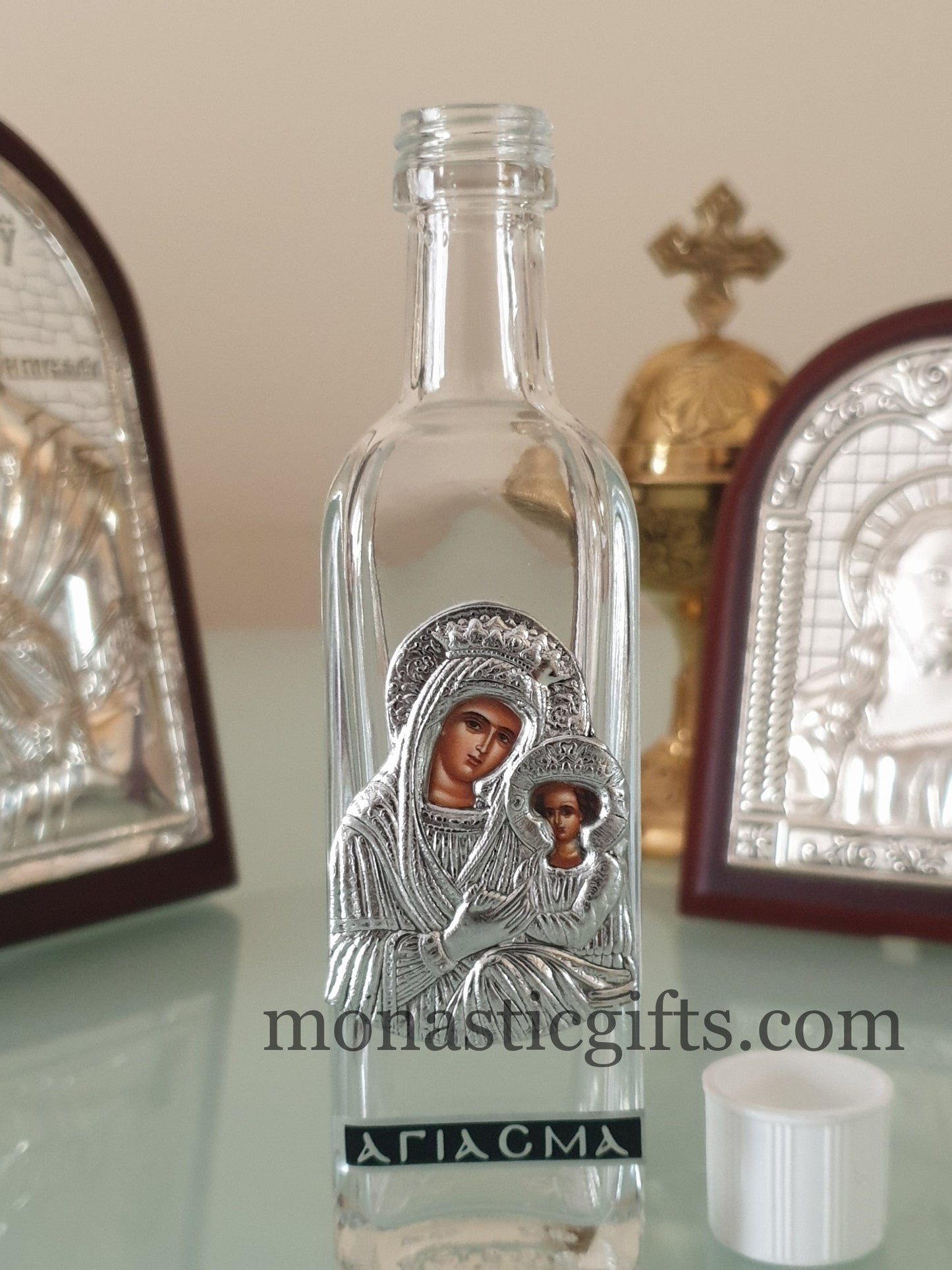 Holy Water Glass Bottle With colored silver Theotokos Icon and screw cap Orthodox Gift