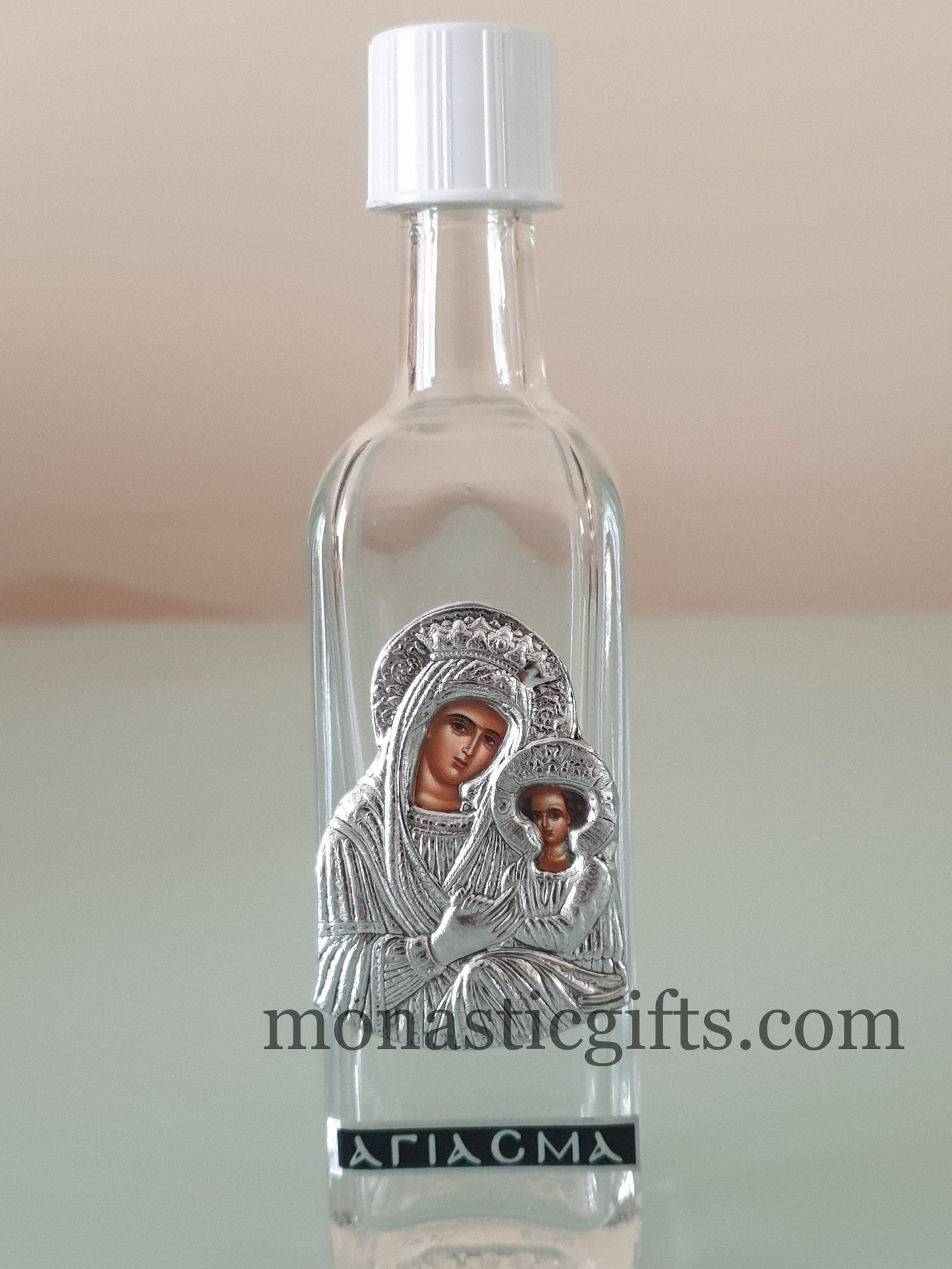 Holy Water Glass Bottle With colored silver Theotokos Icon and screw cap Orthodox Gift