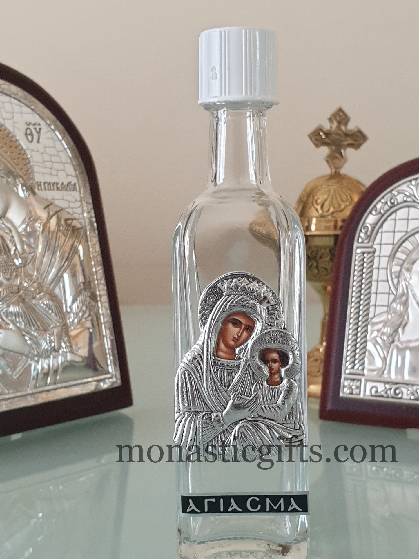 Holy Water Glass Bottle With colored silver Theotokos Icon and screw cap Orthodox Gift