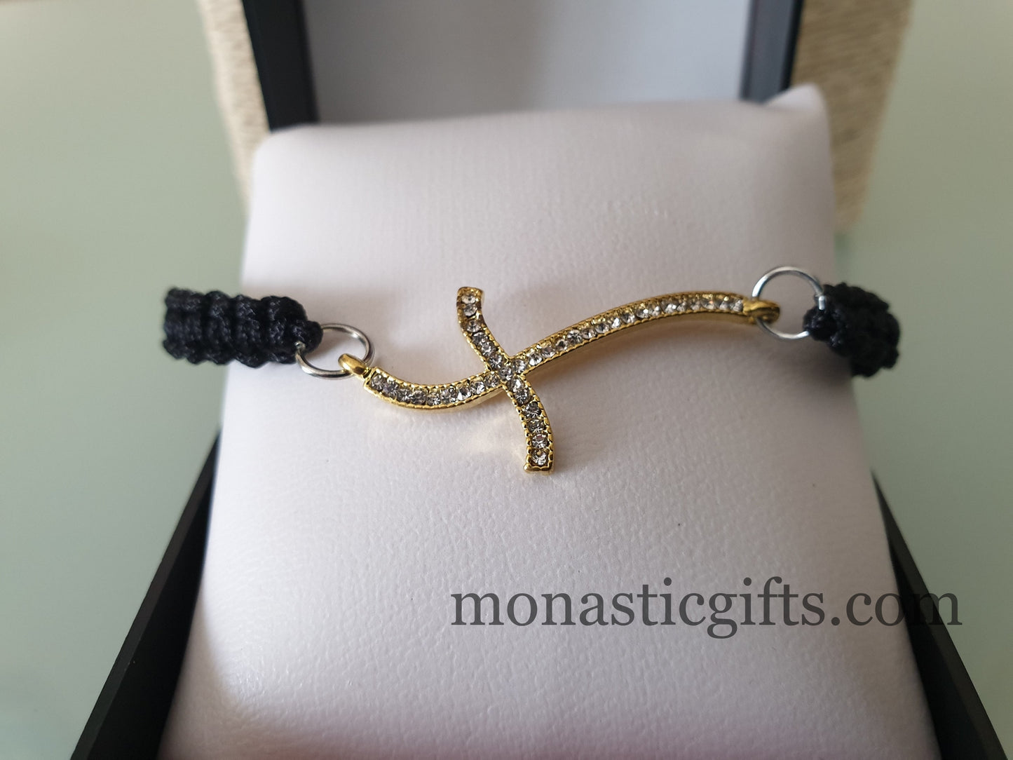 Sideways Cross Bracelet with crystals Gold finish Christian Jewelry Hypoallergenic Nickel Free