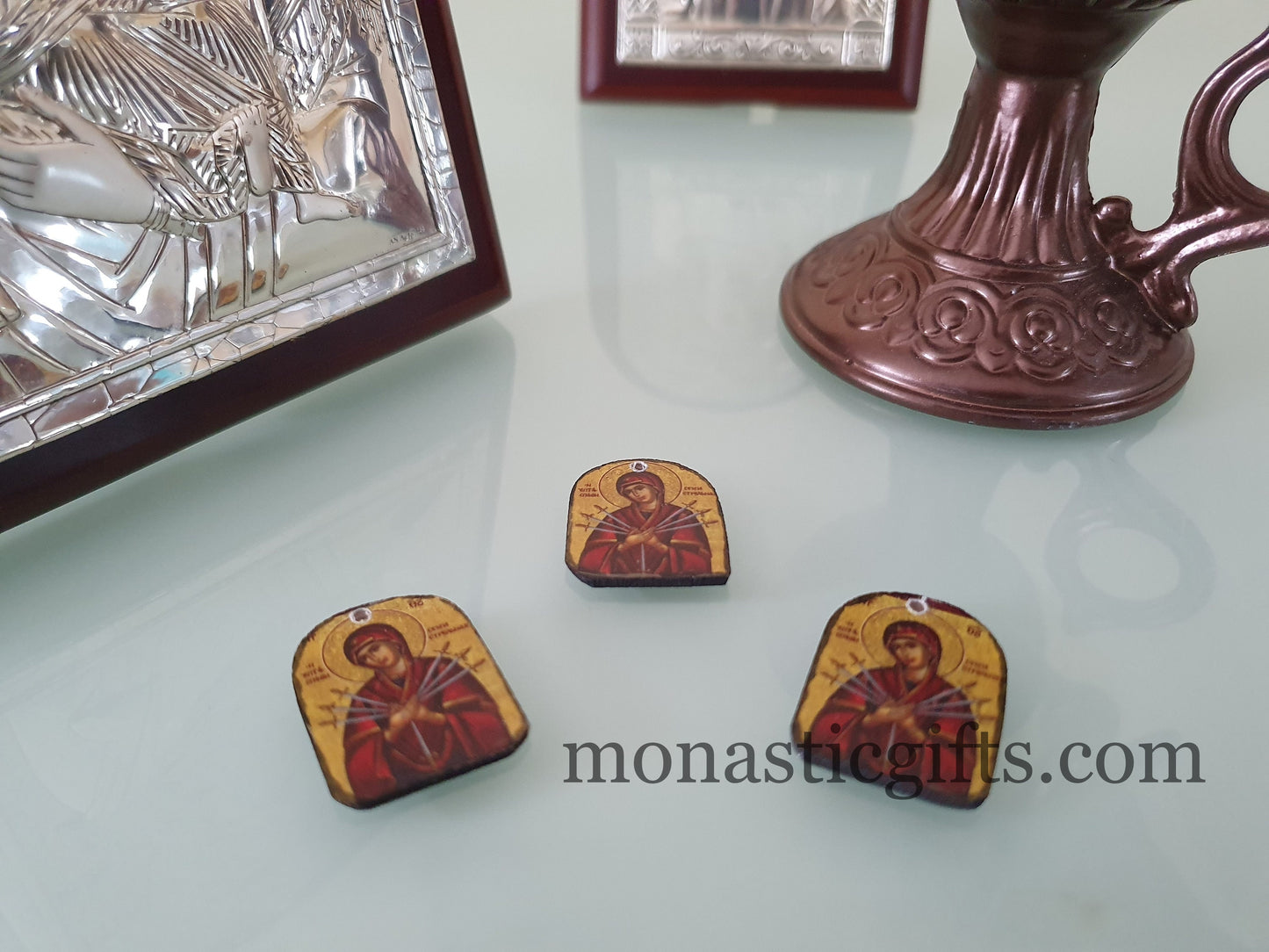 Tiny icon Virgin Mary Seven Swords 3pcs - Wood Byzantine Christian Tiny Orthodox Icon amazing idea to make orthodox Christians gifts