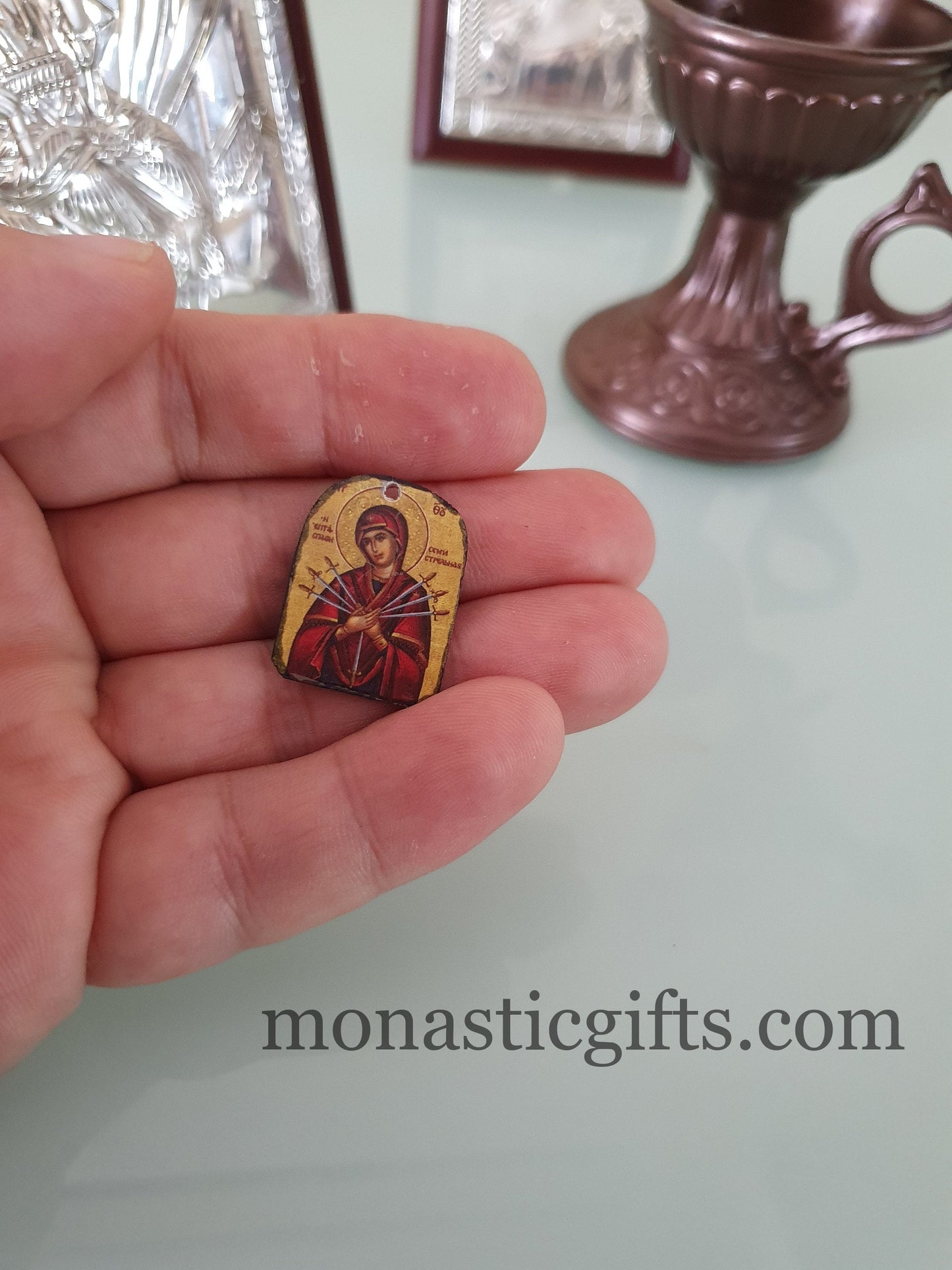 Tiny icon Virgin Mary Seven Swords 3pcs - Wood Byzantine Christian Tiny Orthodox Icon amazing idea to make orthodox Christians gifts