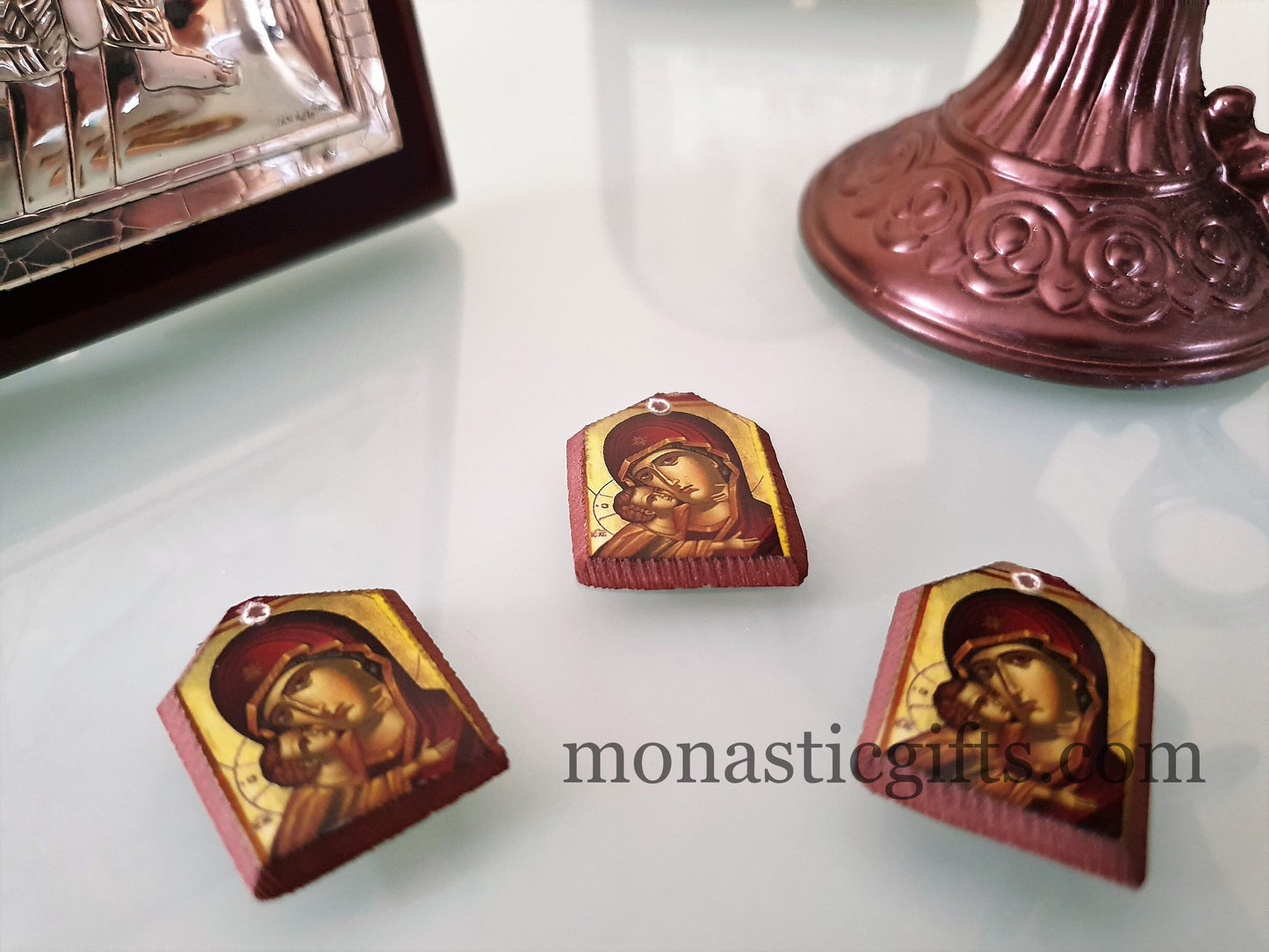 Tiny icon Virgin Mary 3pcs - Wood Byzantine Christian Tiny Orthodox Icon amazing idea to make orthodox Christians gifts
