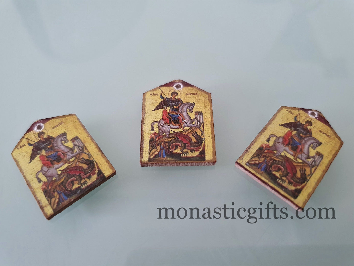 Tiny icon Saint George 3pcs - Wood Byzantine Christian Tiny Orthodox Icon amazing idea to make orthodox Christians gifts