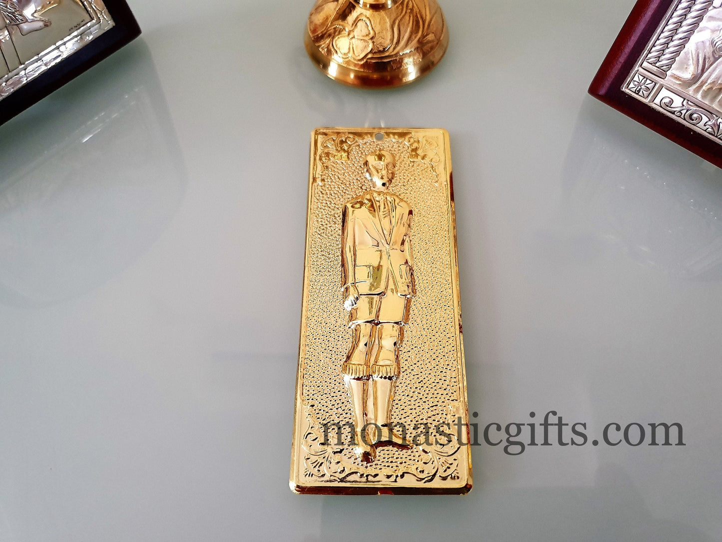 tama votive offering "Boy" votive Gold Colored Byzantine Greek Eastern Orthodox Promise Icon, Ex Voto