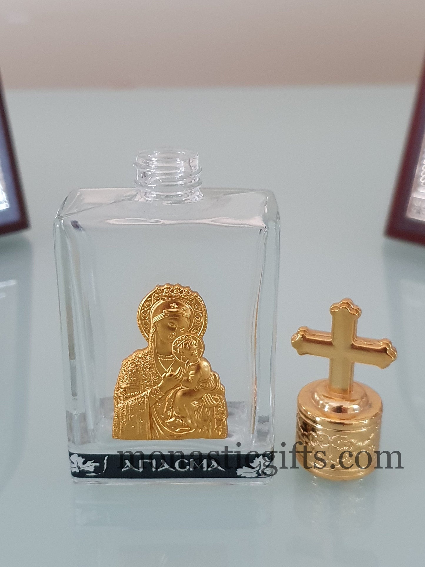 Holy Water Glass Bottle With metal colored Gold Theotokos Icon and screw cap with cross Orthodox Gift