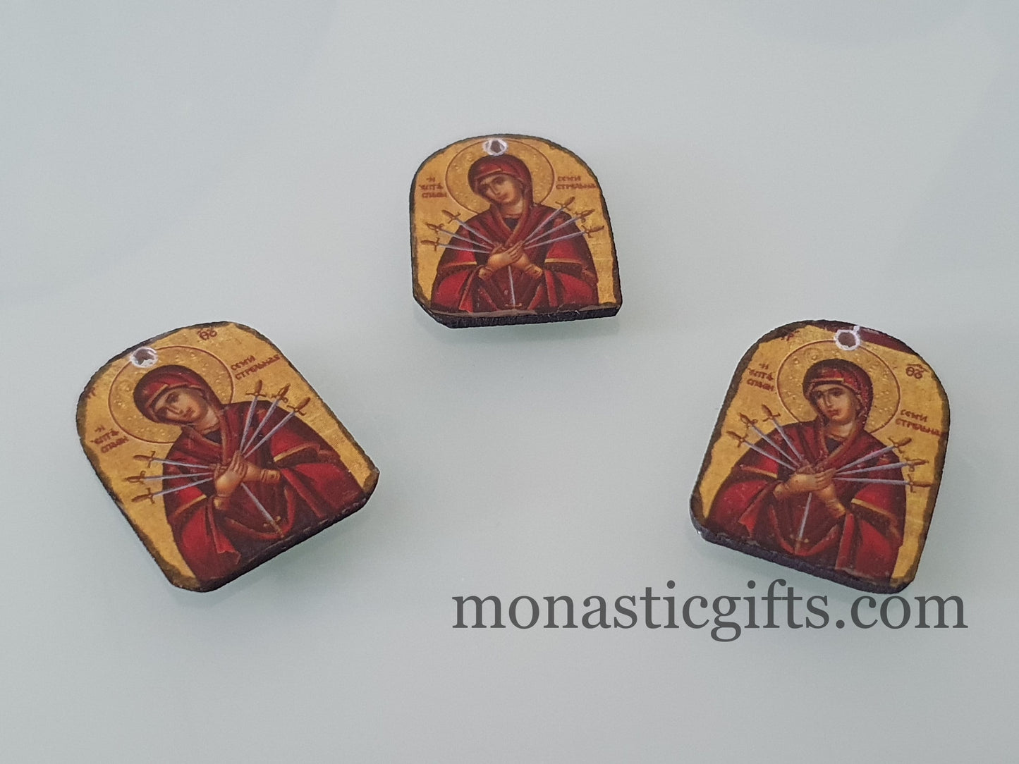 Tiny icon Virgin Mary Seven Swords 3pcs - Wood Byzantine Christian Tiny Orthodox Icon amazing idea to make orthodox Christians gifts