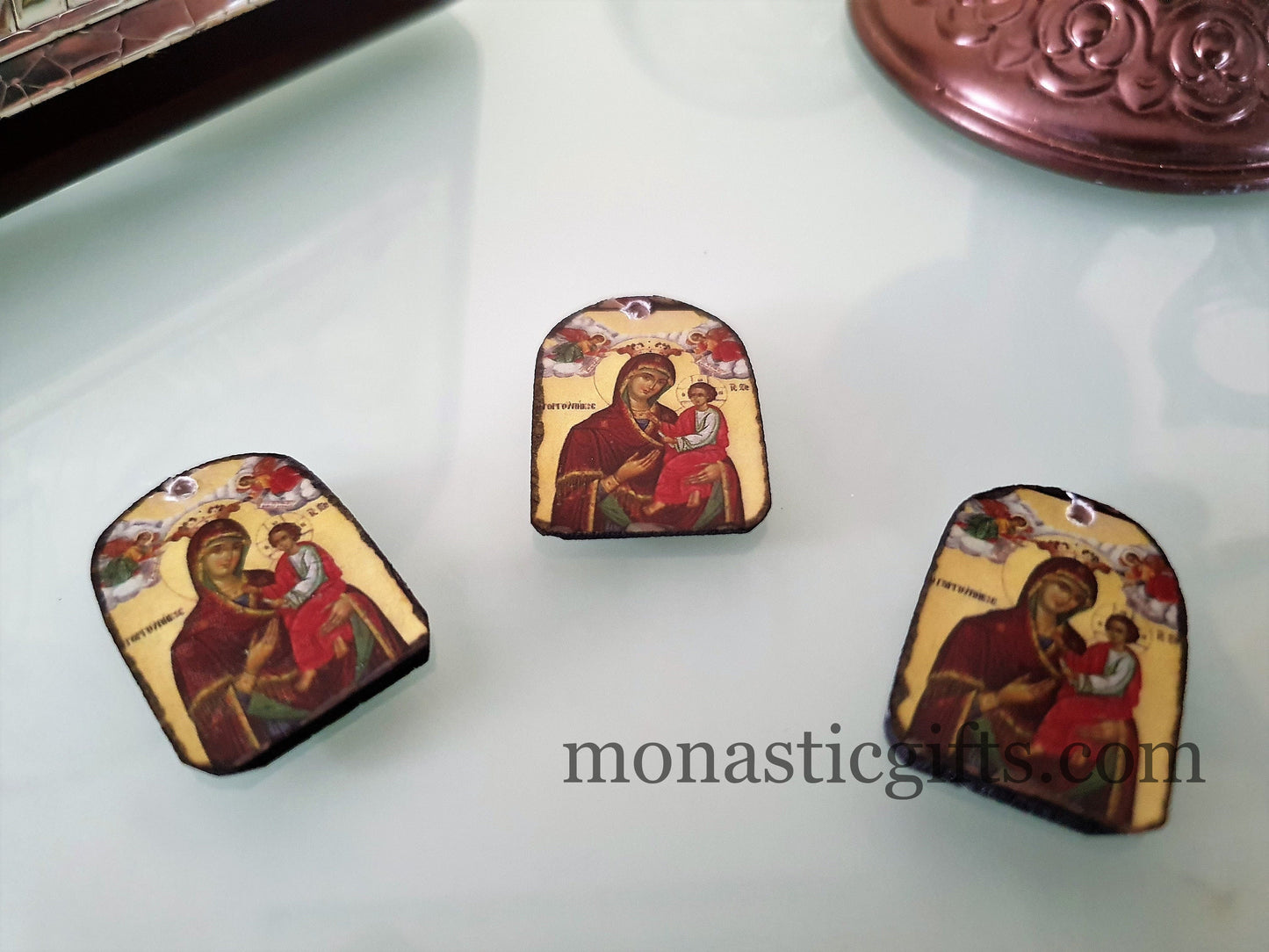 Tiny icons Virgin Mary Gorgoipikoos 3pcs - Wood Byzantine Christian Tiny Orthodox Icon amazing idea to make orthodox Christians gifts