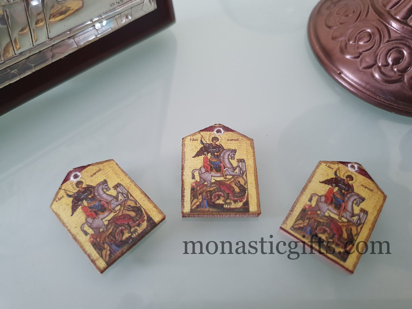 Tiny icon Saint George 3pcs - Wood Byzantine Christian Tiny Orthodox Icon amazing idea to make orthodox Christians gifts