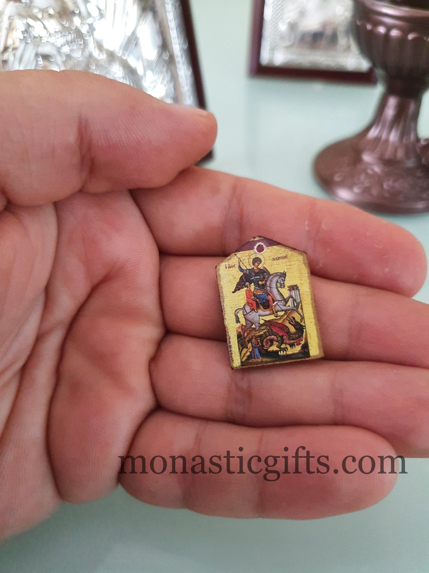Tiny icon Saint George 3pcs - Wood Byzantine Christian Tiny Orthodox Icon amazing idea to make orthodox Christians gifts