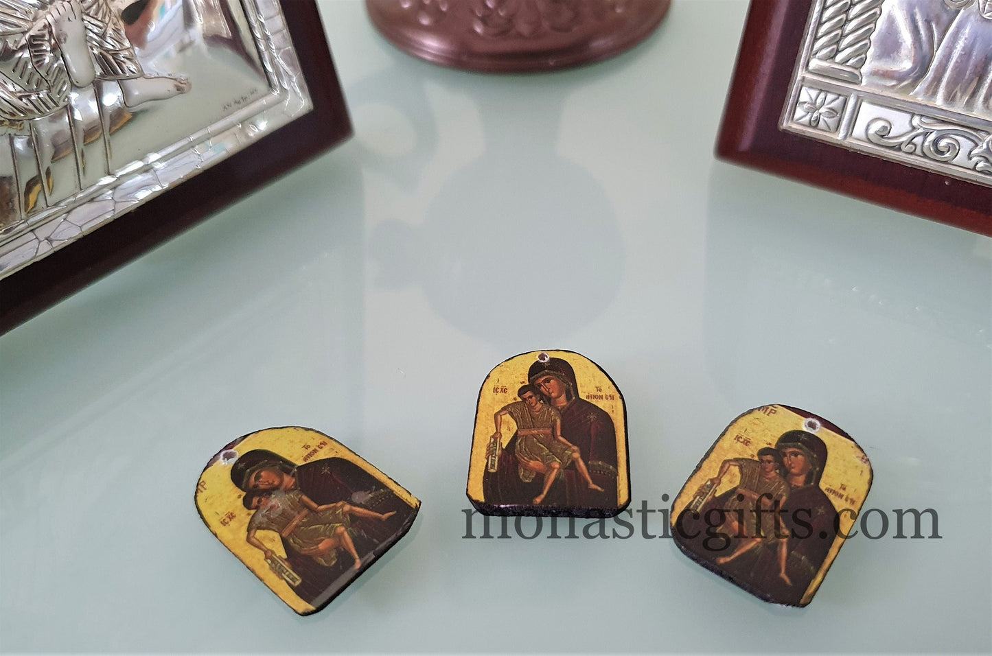Tiny icon Virgin Mary Axion Estin Άξιον εστίν, 3pcs - Wood Byzantine Christian Tiny Orthodox Icon amazing idea to make orthodox gifts