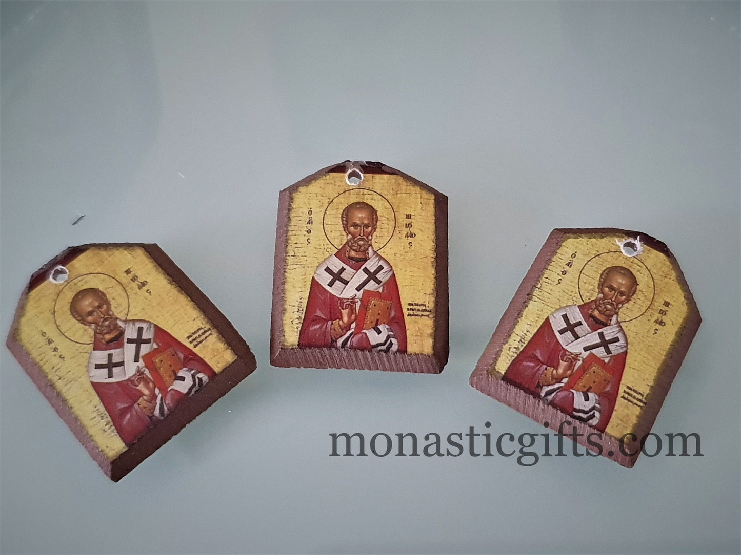 Tiny icon Saint Nicholas 3pcs - Wood Byzantine Christian Tiny Orthodox Icon amazing idea to make orthodox Christians gifts