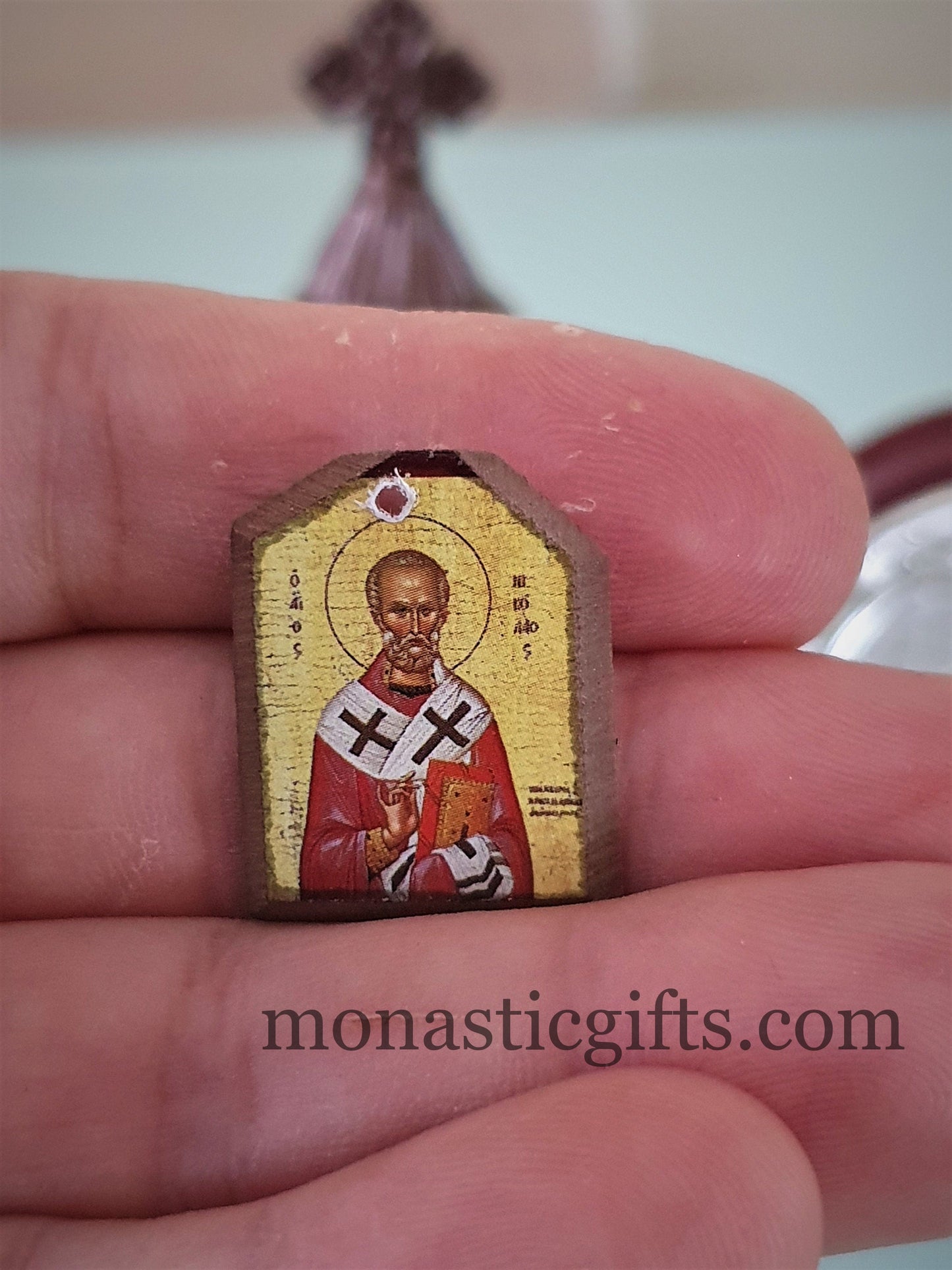 Tiny icon Saint Nicholas 3pcs - Wood Byzantine Christian Tiny Orthodox Icon amazing idea to make orthodox Christians gifts
