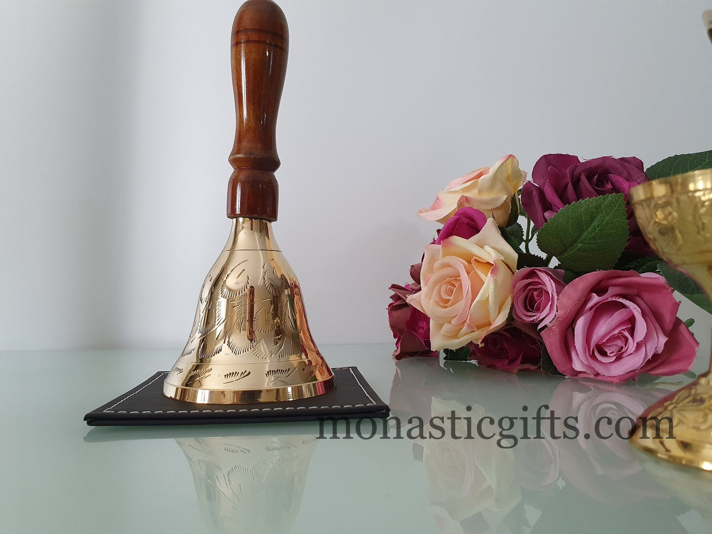 Vintage carved brass bell with wooden handle - Visitors Bell, Alter Bell, Dinner Bell, Travel , Meditation Bell,Great Gift for Teachers