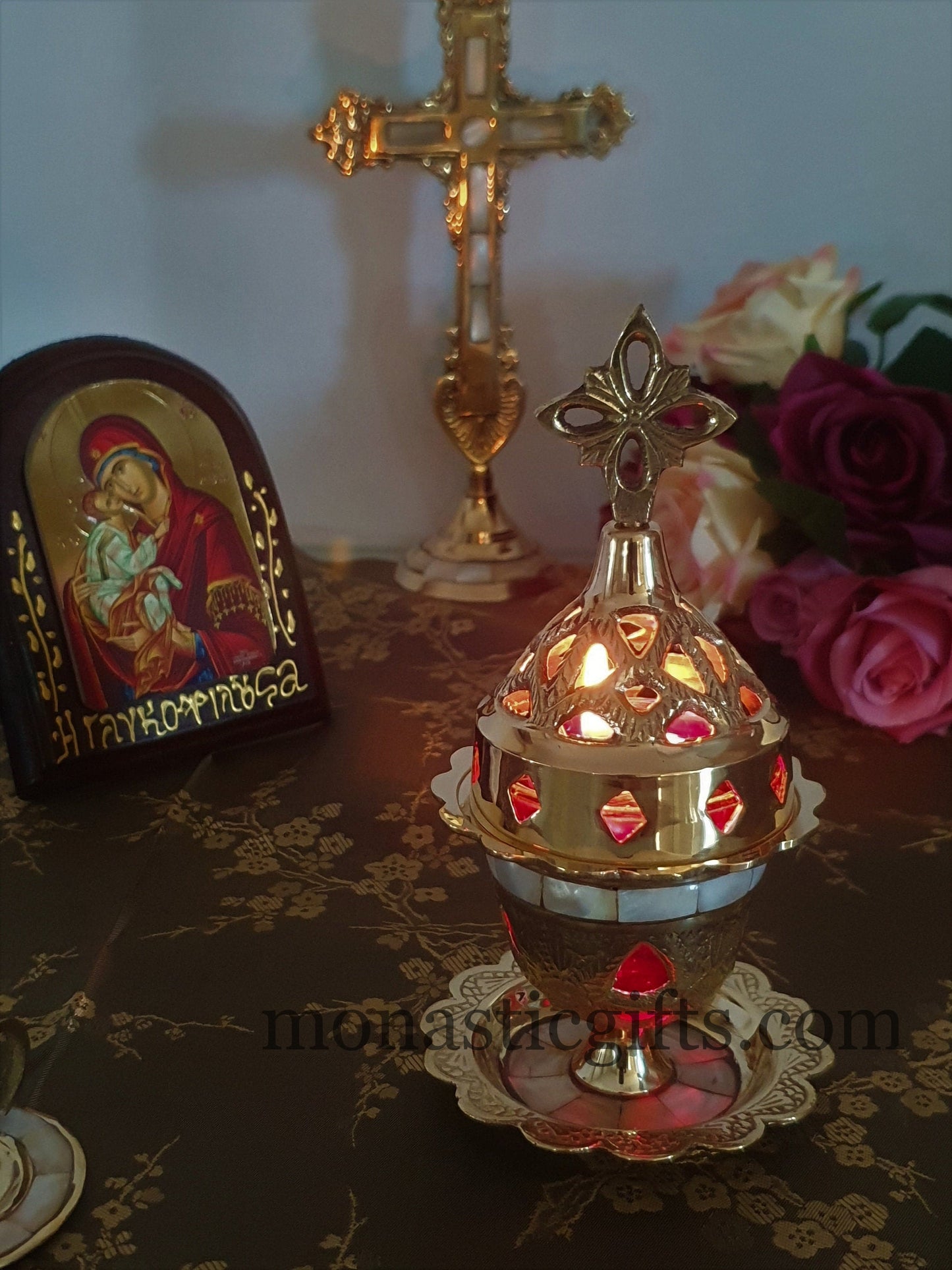 Handmade Brass Standing Oil Lamps with seashell Oil Vigil Lamp Brass - Oil Candle with Glass Cup Home Decor Wall a perfect Christian Gift