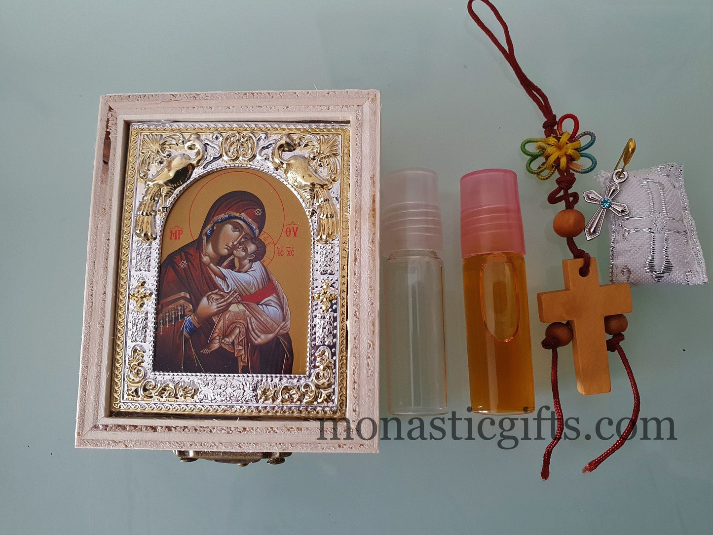 Wooden Box with icon of Mother of God and Myrrh oil- amulet-empty Glass for Holy water And wooden Cross A perfect idea for Gift