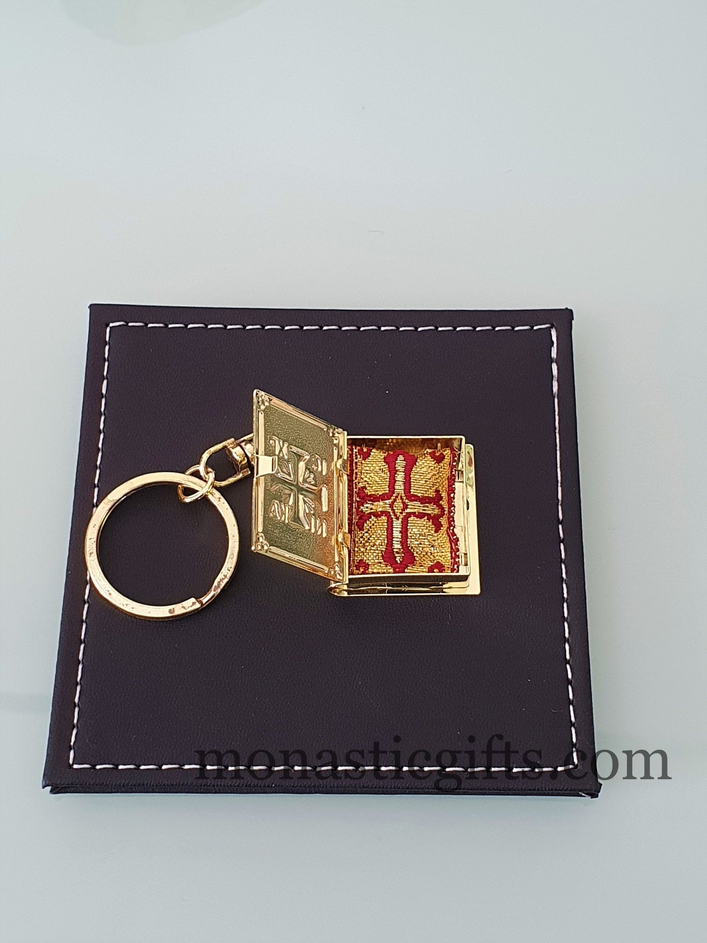 Christian Key Ring Small Gospel Pendant Design Cross ICXC Embossed Gold Plated,a perfect Religious Gift