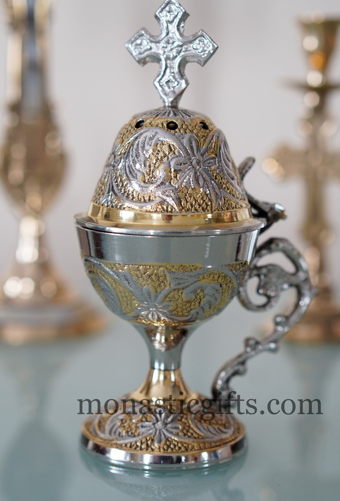 Incense Burner Handmade - Perfume burner - Thurible Censer Silver Gold Metal Little Church with handle Christian With free Gifts