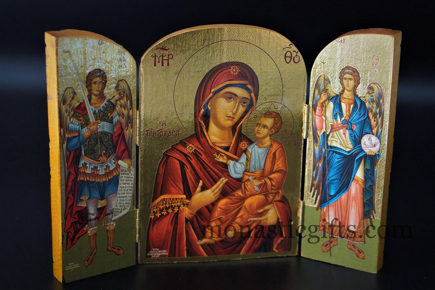 Triptych wooden Icon with Virgin Mary and Archangels Gabriel and Michael , Greek Orthodox Icon , Orthodox Gift