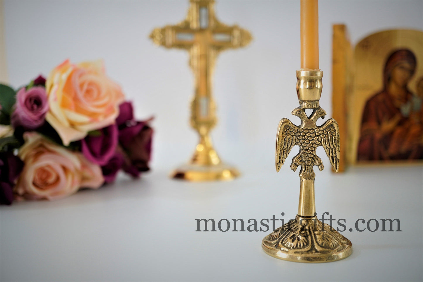 Brass Candlestick Candle Holder with Byzantine Double-headed eagle Handmade, perfect Christian Gift