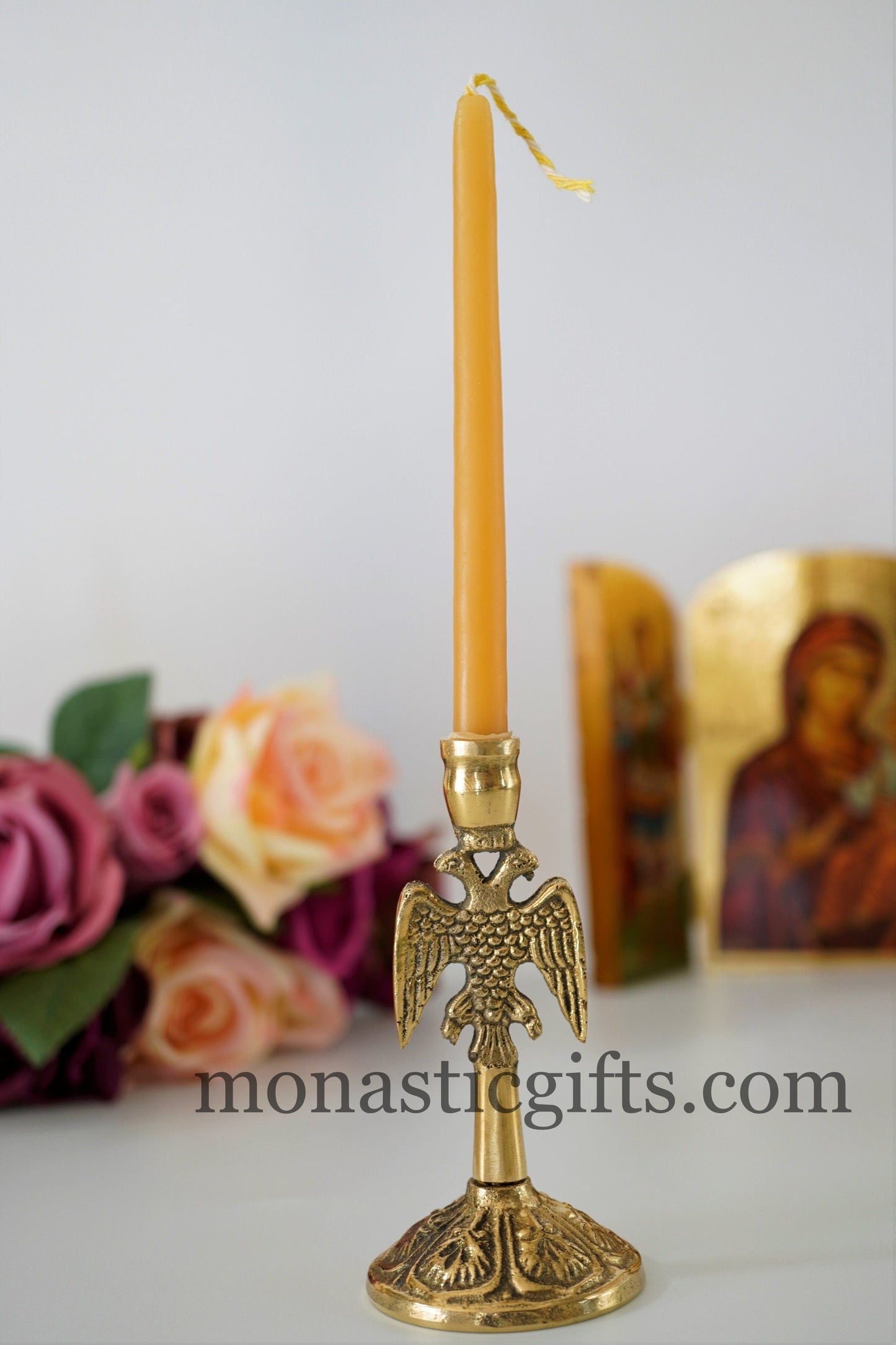Brass Candlestick Candle Holder with Byzantine Double-headed eagle Handmade, perfect Christian Gift