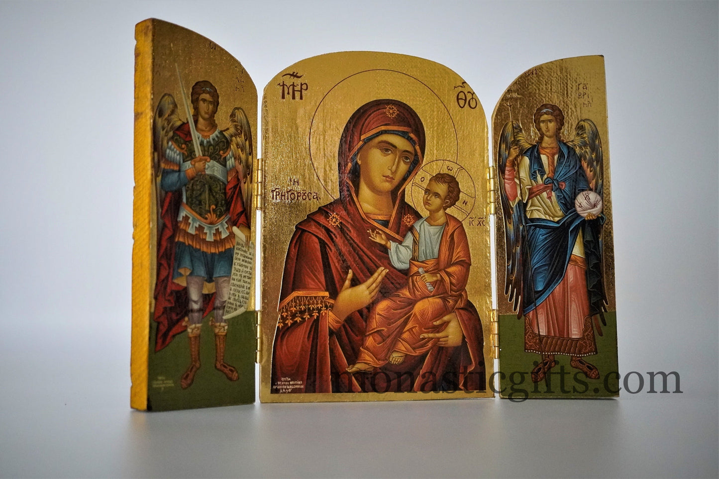 Triptych wooden Icon with Virgin Mary and Archangels Gabriel and Michael , Greek Orthodox Icon , Orthodox Gift