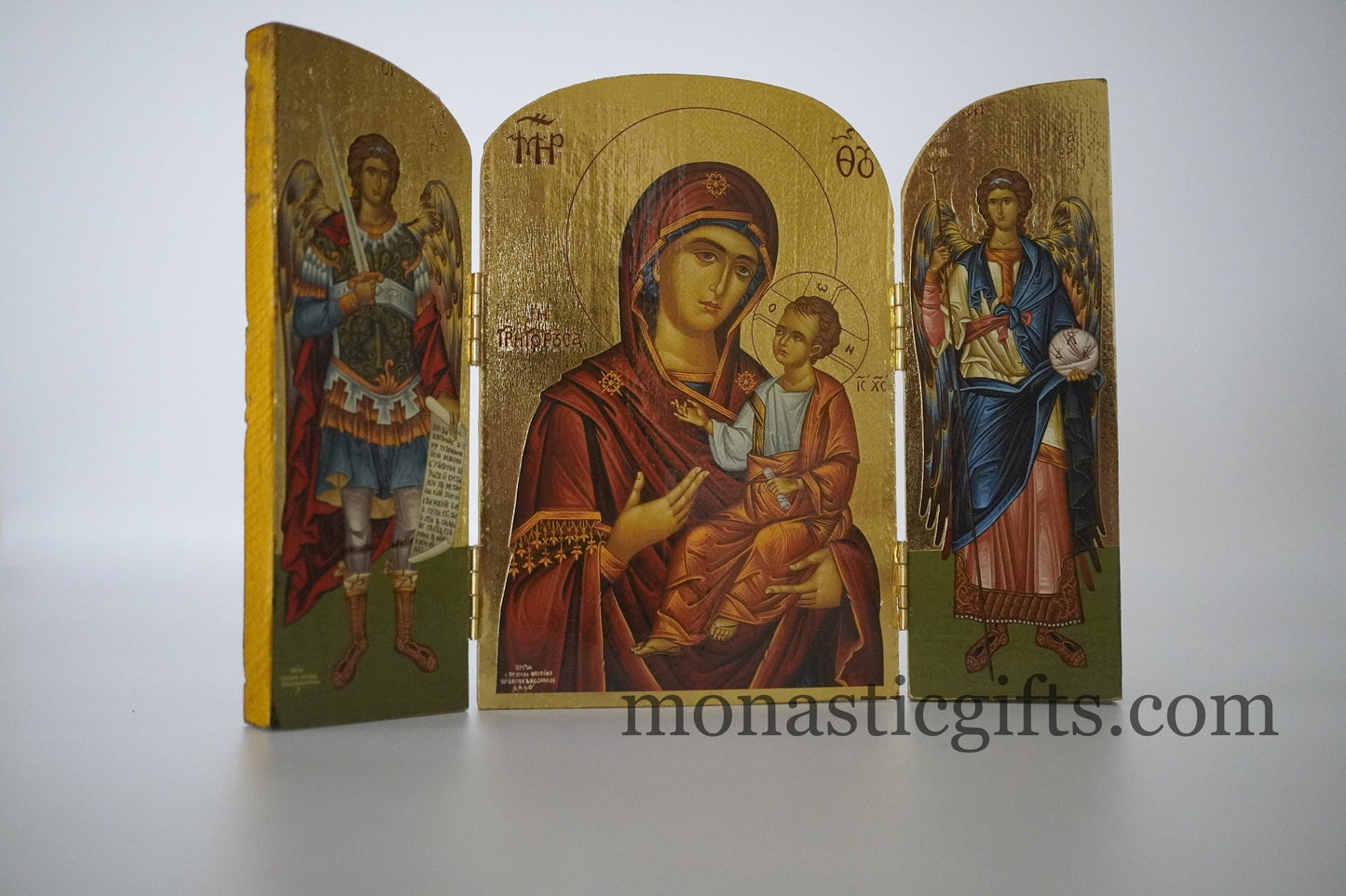 Triptych wooden Icon with Virgin Mary and Archangels Gabriel and Michael , Greek Orthodox Icon , Orthodox Gift