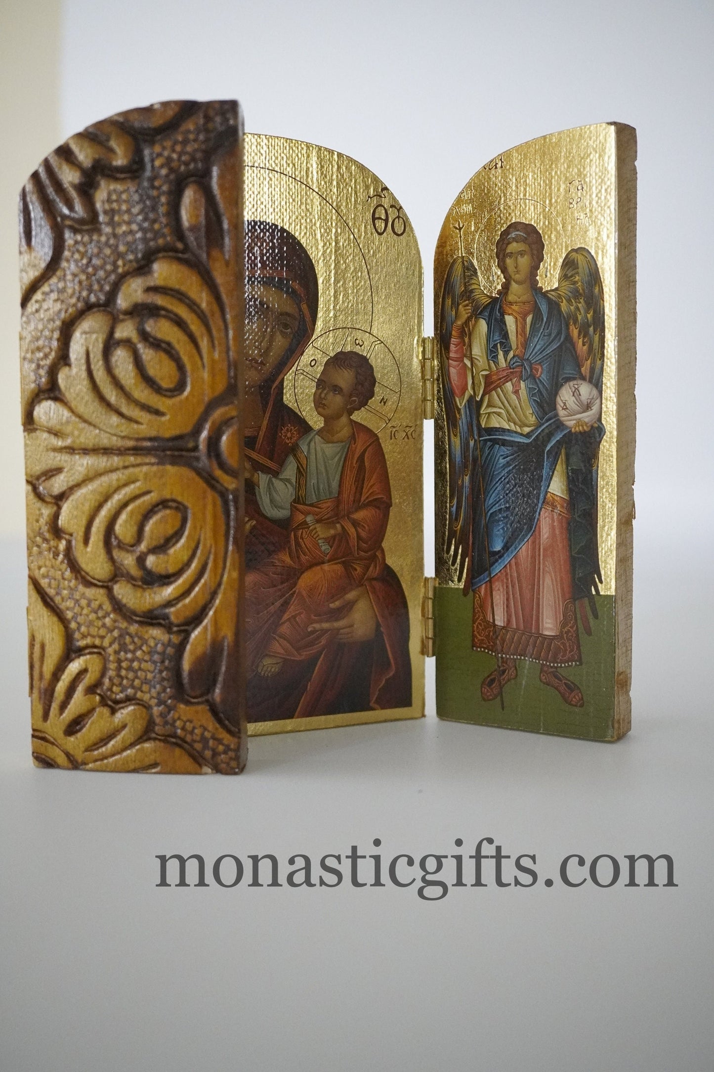 Triptych wooden Icon with Virgin Mary and Archangels Gabriel and Michael , Greek Orthodox Icon , Orthodox Gift