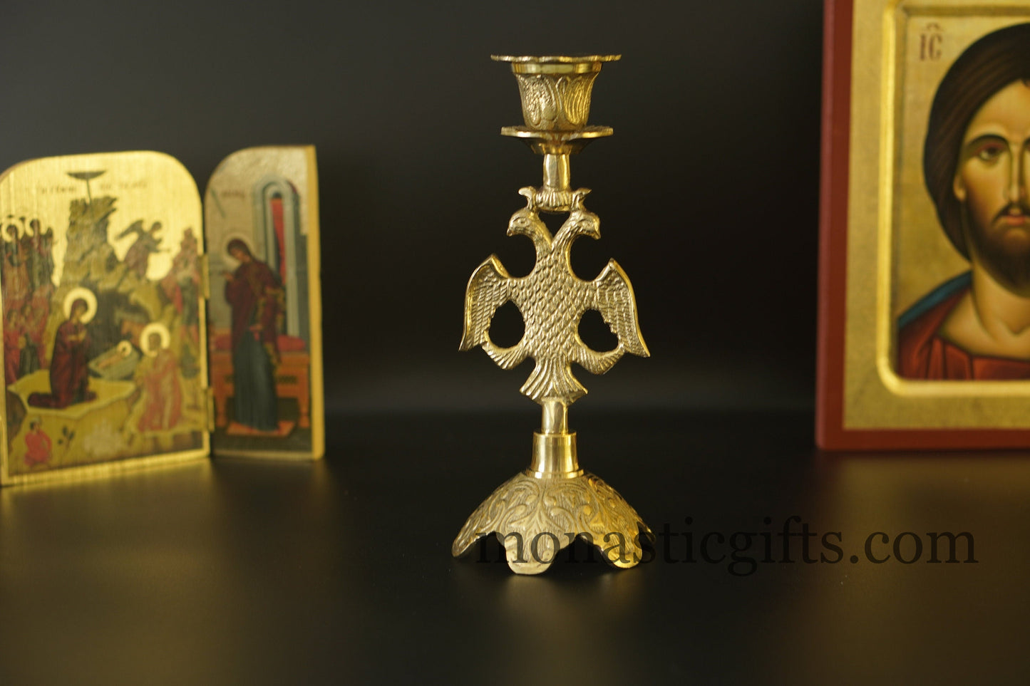 Heavy Brass byzantine Candlestick 319gr ,Candle Holder with Byzantine Double-headed eagle Hand made a perfect Christian Gift
