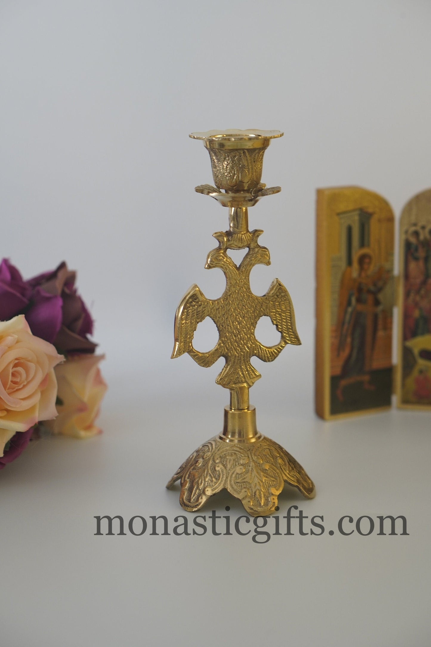 Heavy Brass byzantine Candlestick 319gr ,Candle Holder with Byzantine Double-headed eagle Hand made a perfect Christian Gift
