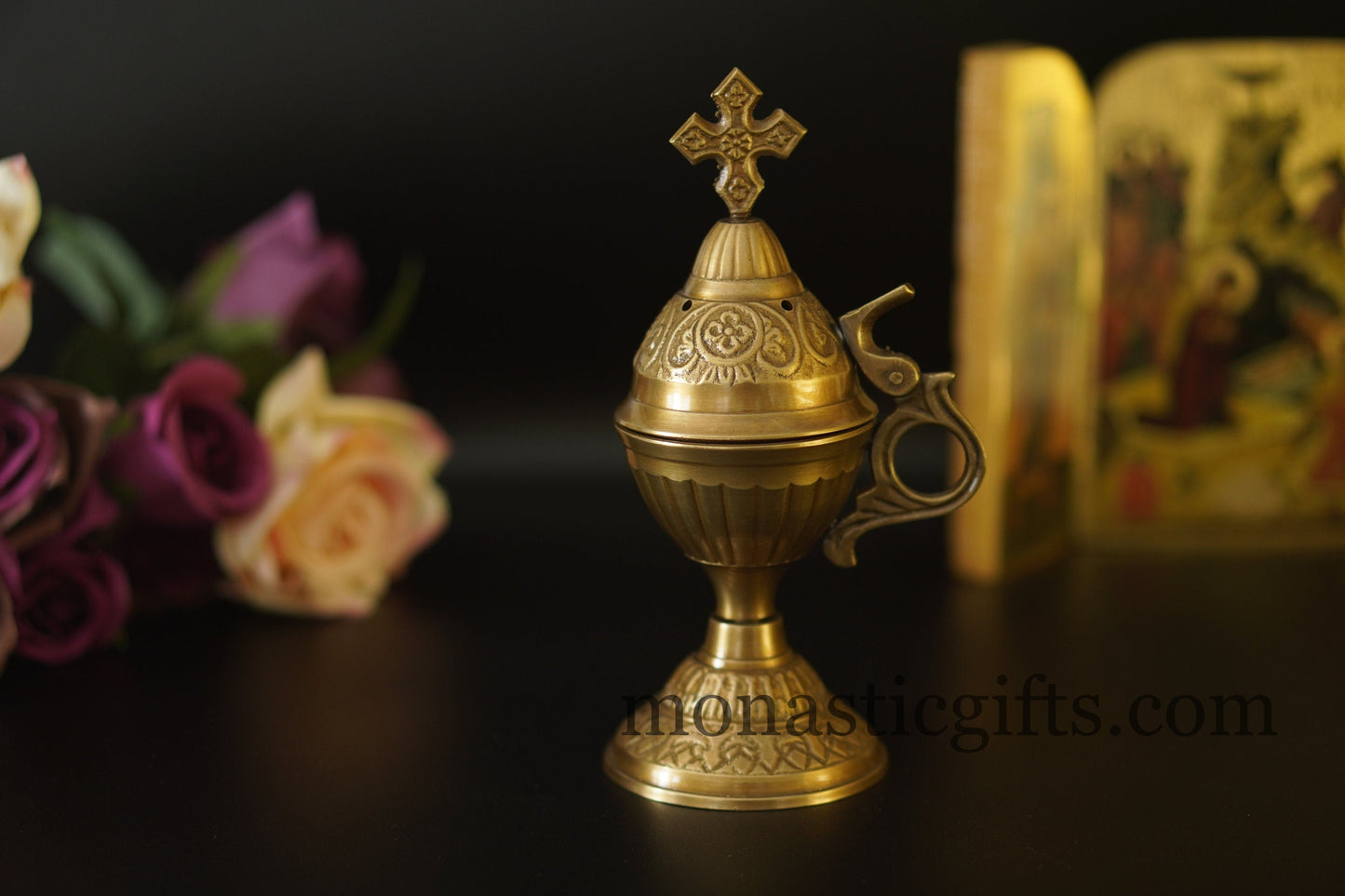 Carved antique brass home censer, Handmade Burner with handle Christian Artefact With free Gifts