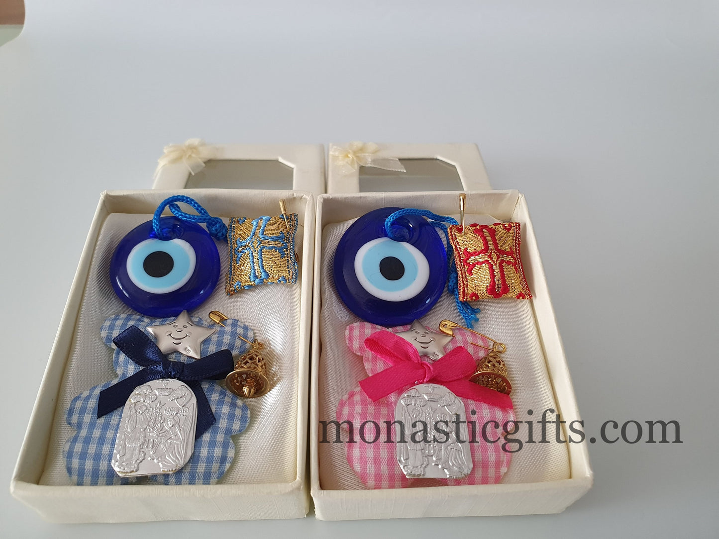 Christian Special set for Kids , newborn with Amulet Eye silver small icon on a cloth teddy bear ,Filakto ,Filaxto Christian Gift
