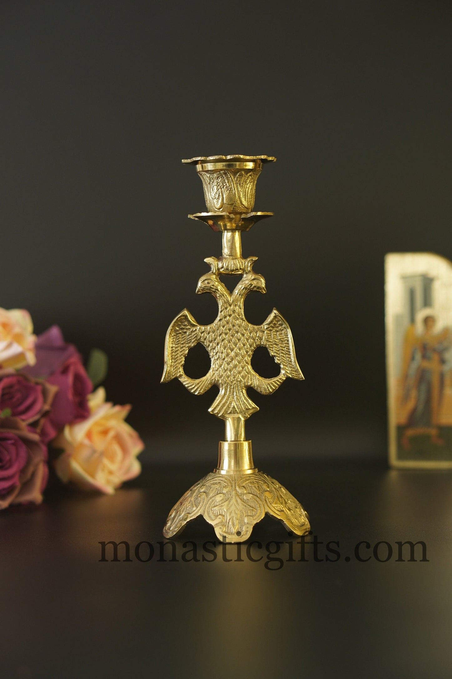 Heavy Brass byzantine Candlestick 319gr ,Candle Holder with Byzantine Double-headed eagle Hand made a perfect Christian Gift