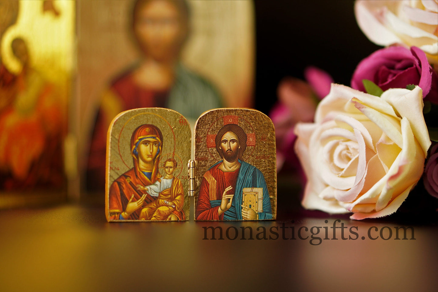 Diptych small wooden Icon with the Jesus Christ the Holy Theotokos , Greek Orthodox Icon , Home Decor,Orthodox Gift