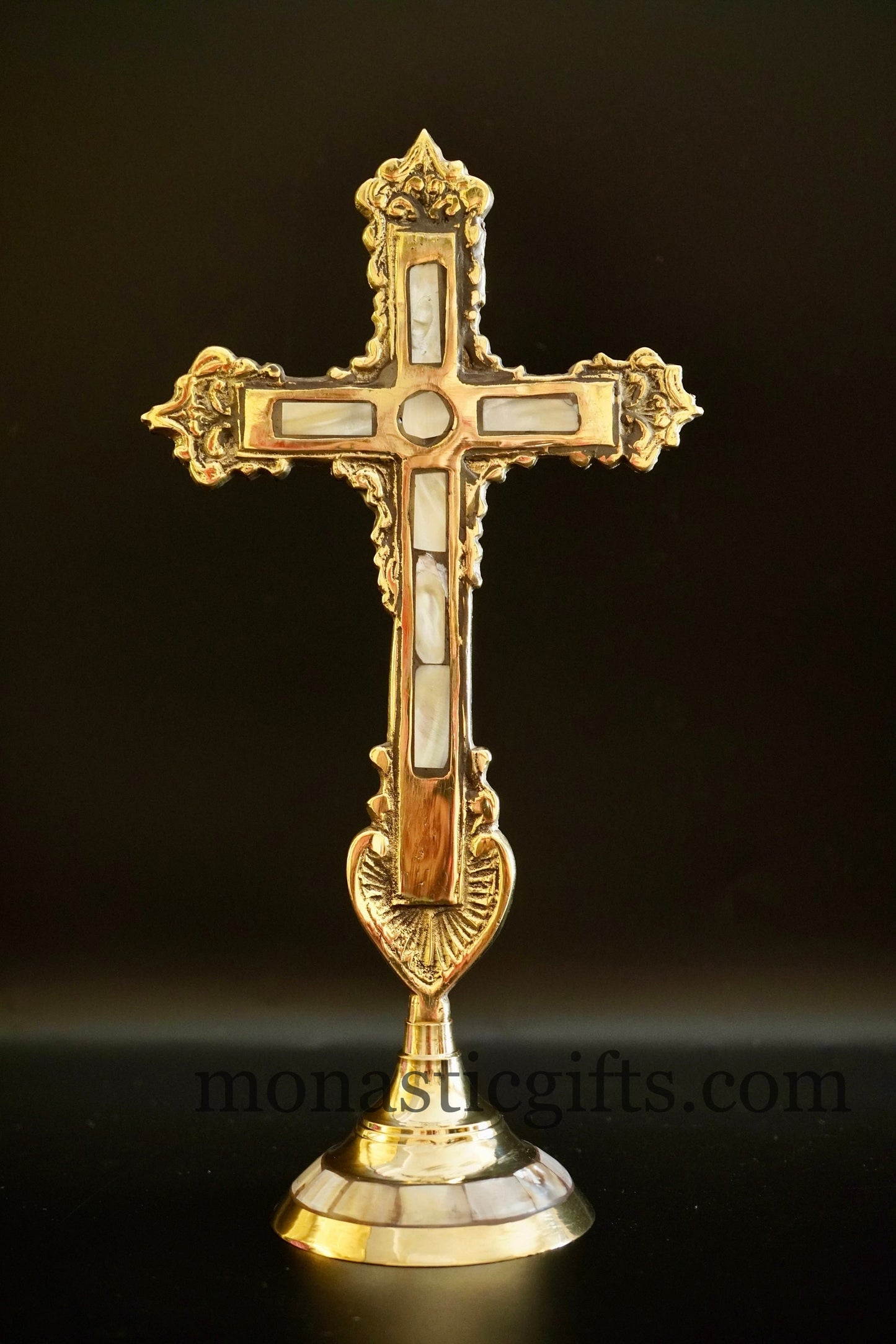 Standing Brass Altar Cross radiates a brilliant shine Adorned with mother-of-pearl - Altar Table - Home Decor a perfect Christian Gift