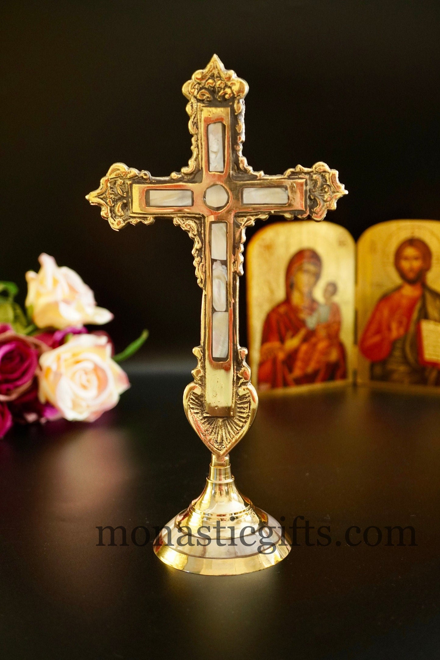 Standing Brass Altar Cross radiates a brilliant shine Adorned with mother-of-pearl - Altar Table - Home Decor a perfect Christian Gift