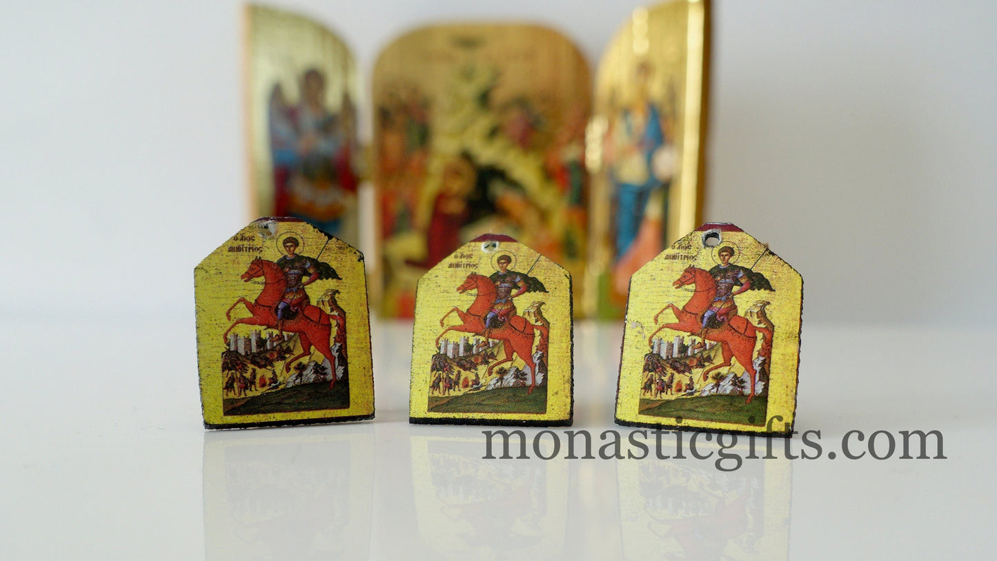 Tiny icon Saint Dimitrios 3pcs - Wood Byzantine Christian Tiny Orthodox Icon amazing idea to make orthodox Christians gifts