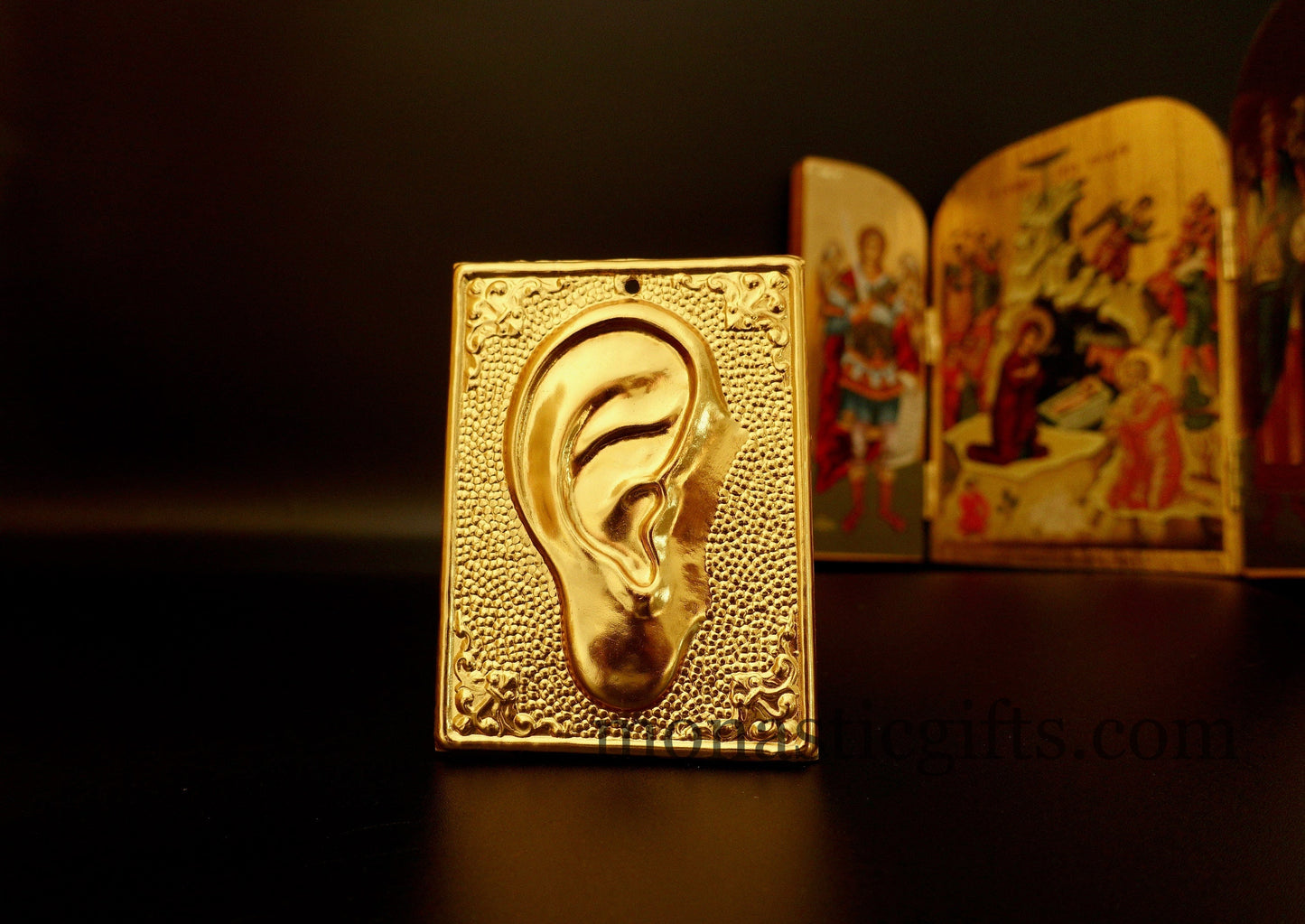 tama votive offering ear votive, Gold colored Byzantine Greek Eastern Orthodox Promise Icon, Ex Voto