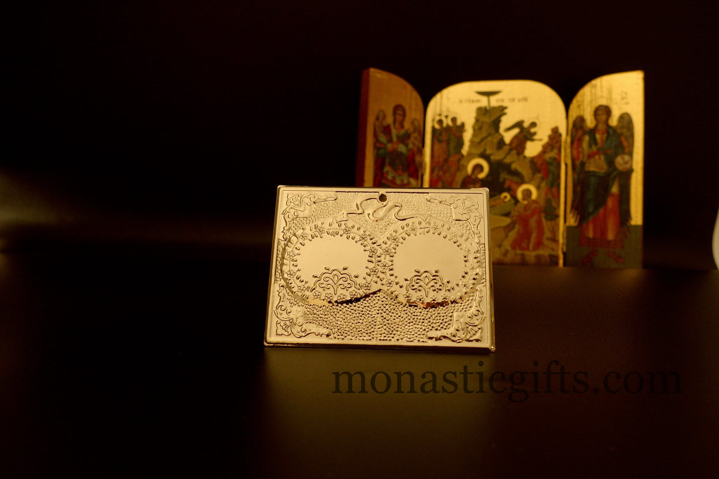 tama votive offering wedding wreath Gold Colored votive, Byzantine Greek Eastern Orthodox Promise Icon, Ex Voto