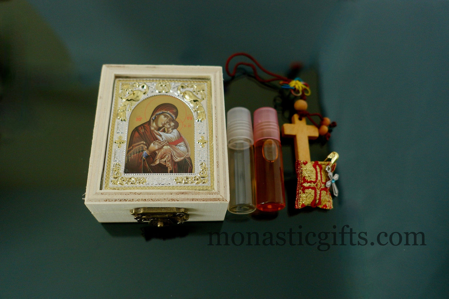 Wooden Box with icon of Mother of God and Myrrh oil- amulet-empty Glass for Holy water And wooden Cross A perfect idea for Gift