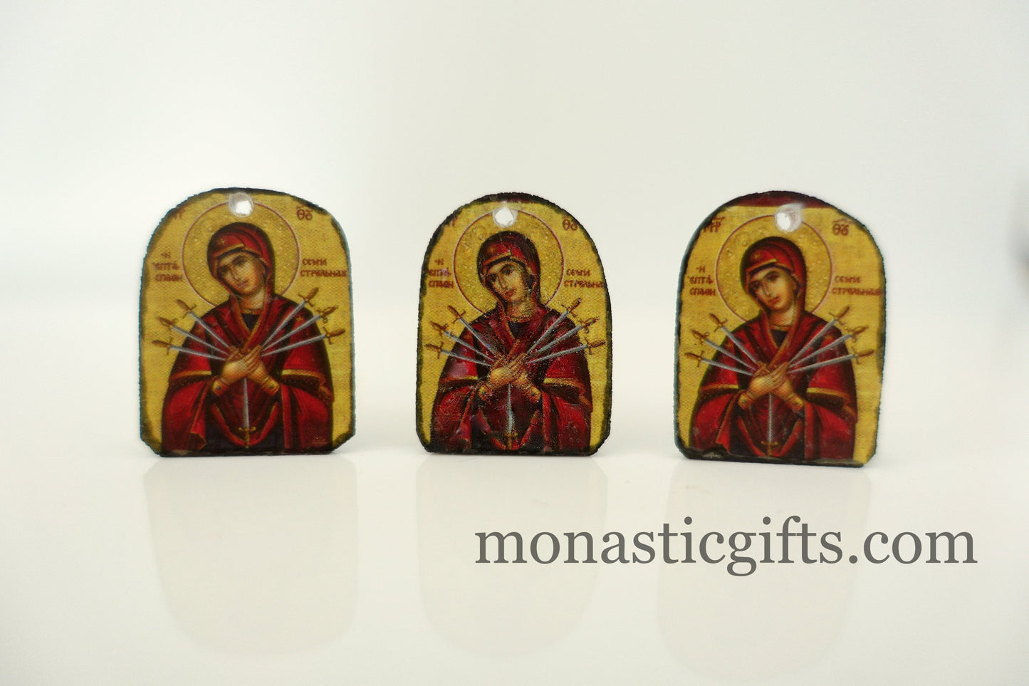 Tiny icon Virgin Mary Seven Swords 3pcs - Wood Byzantine Christian Tiny Orthodox Icon amazing idea to make orthodox Christians gifts