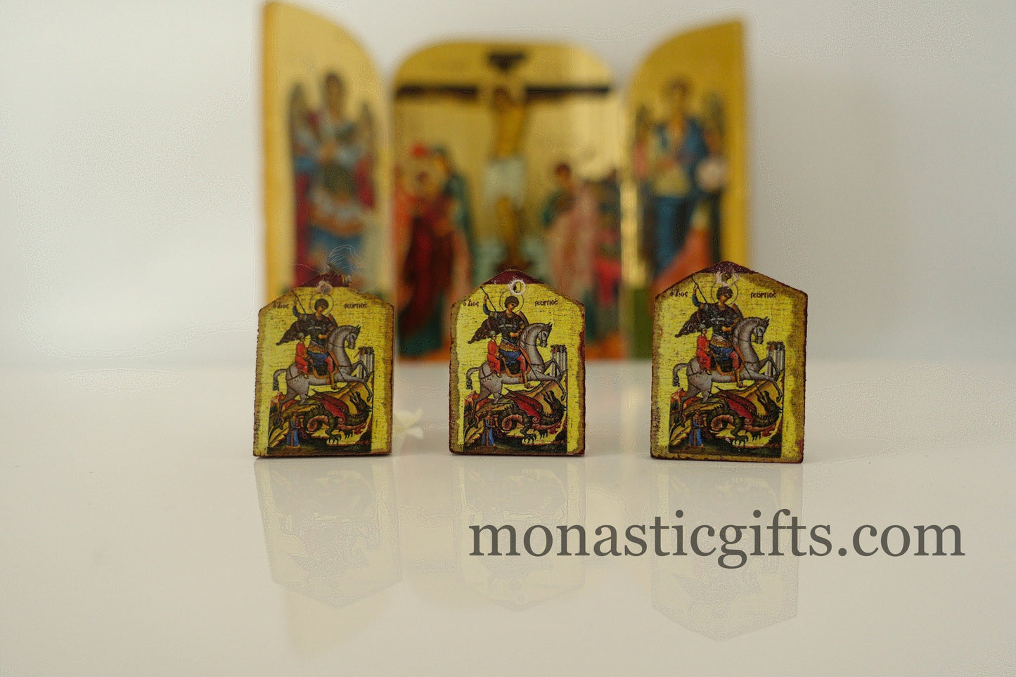 Tiny icon Saint George 3pcs - Wood Byzantine Christian Tiny Orthodox Icon amazing idea to make orthodox Christians gifts