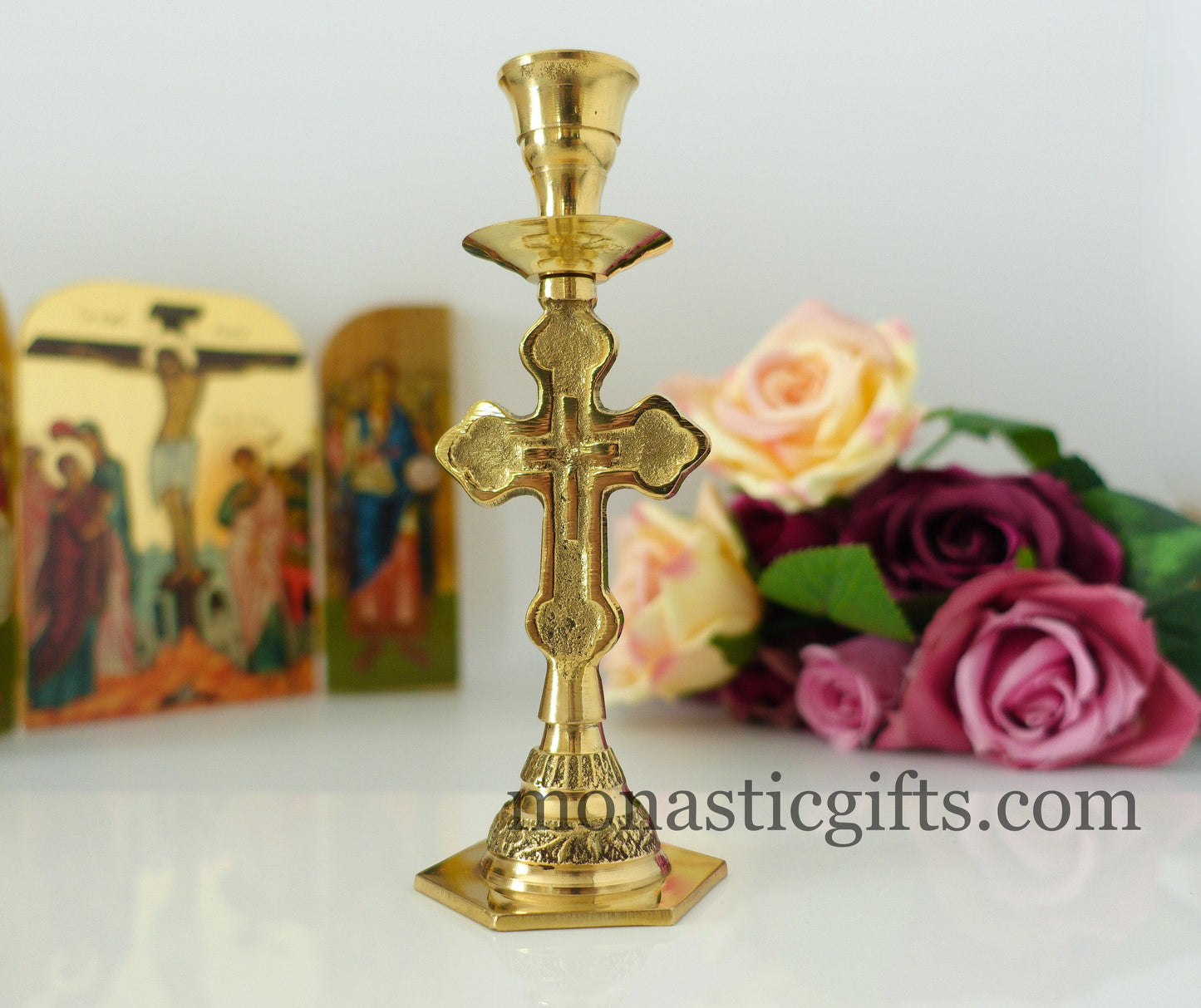 Brass Candlestick Candle Holder with cross Handmade 100% Authentic a perfect Christian Gift