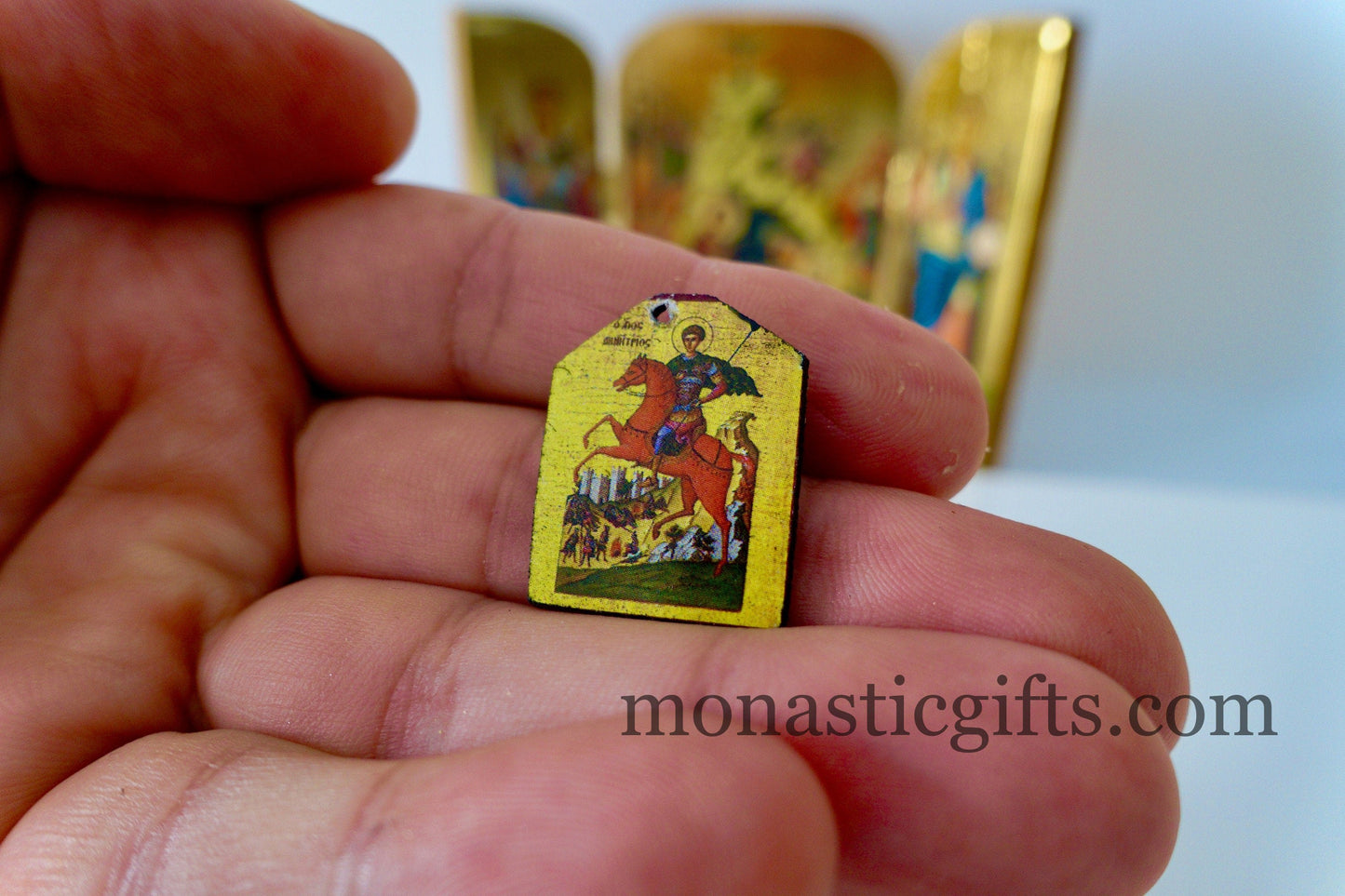 Tiny icon Saint Dimitrios 3pcs - Wood Byzantine Christian Tiny Orthodox Icon amazing idea to make orthodox Christians gifts