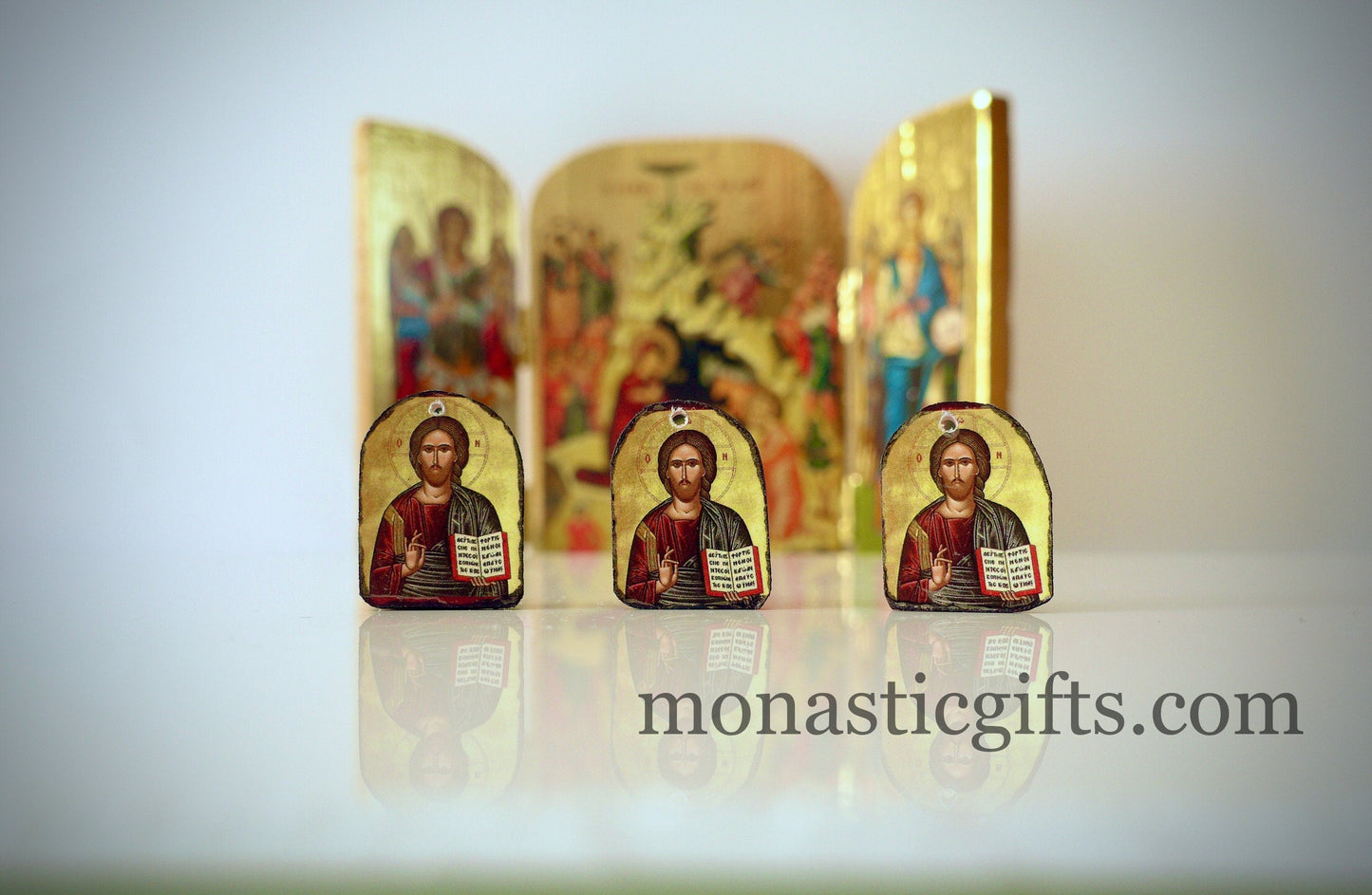 Tiny icon Jesus Christ 3pcs - Wood Byzantine Christian Tiny Orthodox Icon amazing idea to make orthodox Christians gifts